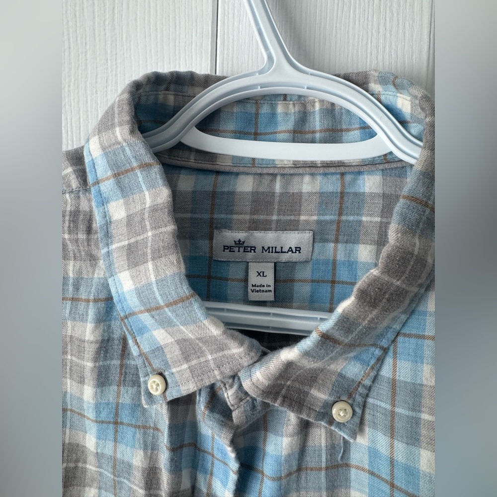 Peter Millar Flannel Tan, Blue, Grey, White, Dress Shirt XL Button Down